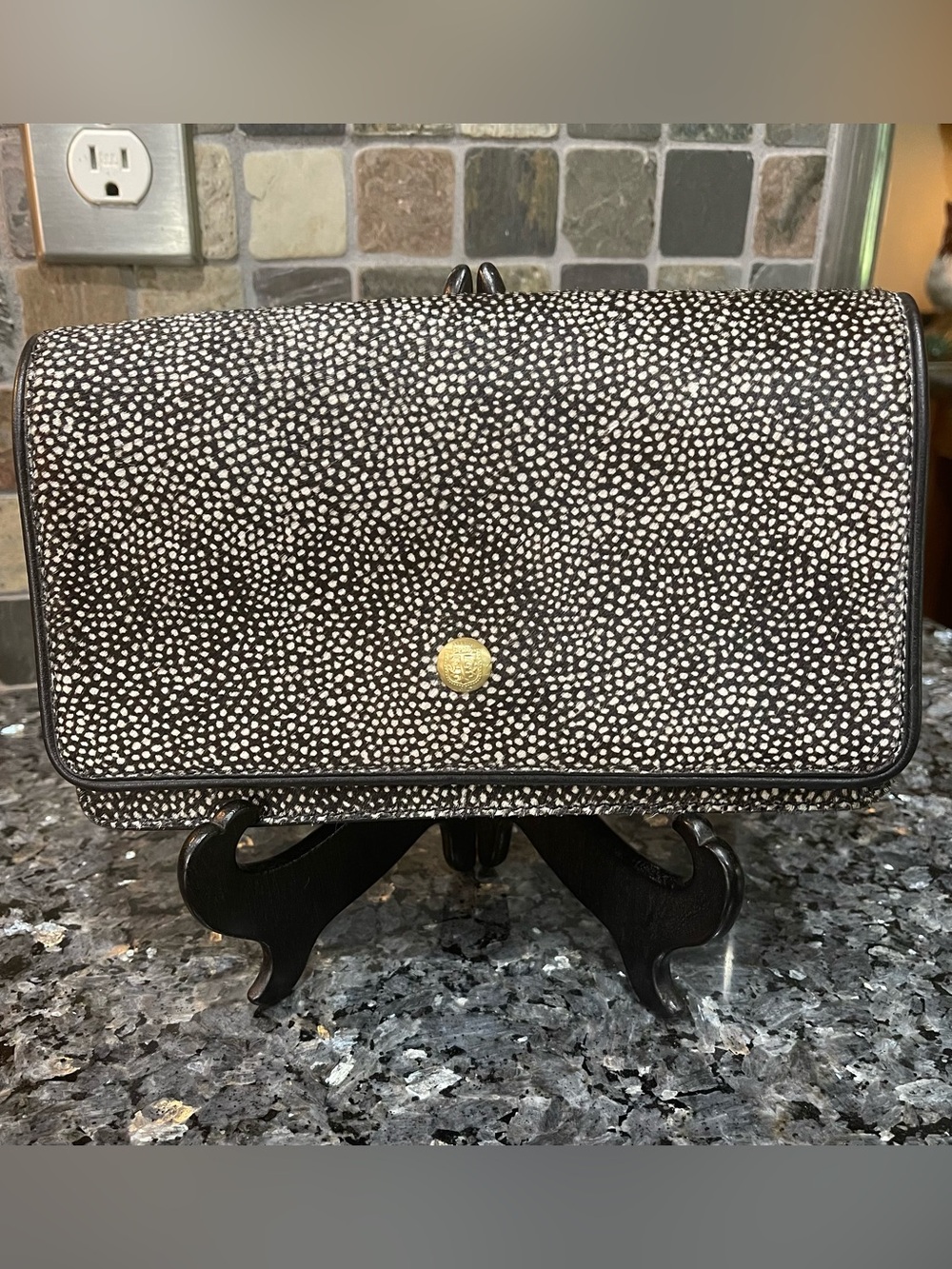 Talbots Leather Cow Hide Black and White Speckled Clutch with Gold Accent